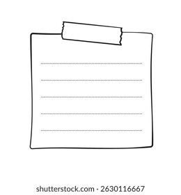 Hand drawn memo paper sheet, sticky note, reminder, to do list, sticky tape. Bullet journal elements in line art doodle style.
