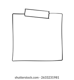 Hand drawn memo paper sheet, sticky note, reminder, to do list, sticky tape. Bullet journal elements in line art doodle style.