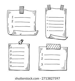 Conjunto de iconos de hoja de papel dibujado a mano. Ilustración vectorial de lista de verificación sobre fondo aislado.