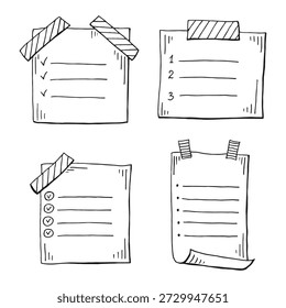 Handgezeichnetes Notizblatt-Symbolset. Checkliste, Vektorgrafik auf einzelne Hintergrund.