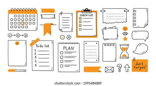 Hand drawn memo paper sheets, sticky note, reminder, to do list, calendar. Bullet journal elements in doodle style. Vector illustration in white background.