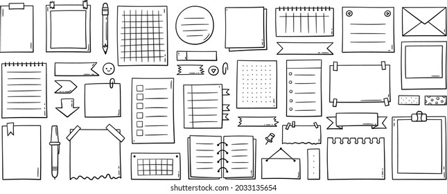 Handgezeichnete Memo-Papierblätter, klebrige Notiz, Erinnerung, zu tun Liste, Klebeband und Pfeile. Bullet Journal-Elemente im Doodle-Stil. Vektorgrafik auf weißem Hintergrund.