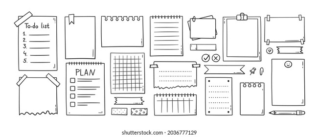 Hand drawn memo paper sheets  sticky note  reminder  to do list  sticky tape   pins  Bullet journal elements in doodle style  Vector illustration in white background 