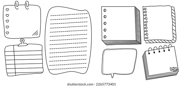 

Hand drawn memo paper sheets, sticky note, reminder, to do list, sticky tape and pins. Bullet journal elements in doodle style. Vector illustration in white background.