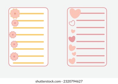 Hand drawn memo paper sheets notes for reminders, sticky note reminder to do list sticky tape pins Bullet journal elements in doodle style Vector Spring design Flower Heart Pink Information board 