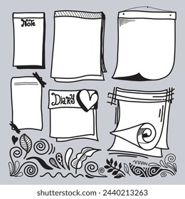 Hojas de papel de memorándum dibujadas a mano, nota adhesiva, recordatorio, lista de tareas, cinta adhesiva y borde. Elementos del diario en forma de viñeta en estilo doodle.
