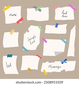 Hand drawn memo paper sheets for daily planner, diary, reminder, sticky note, to do list. Piece of paper, torn paper with masking tape.