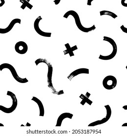 Hand drawn Memphis seamless pattern. Vector geometric pattern with crosses, wavy lines and circles. Fashion 80-90s. Black and white bold brush strokes, grunge geometric texture. Ink brush scribbles