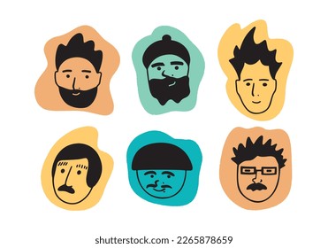 Hombres dibujados a mano se enfrentan al conjunto de doodles. Colección de iconos en blanco y negro sobre fondo de color