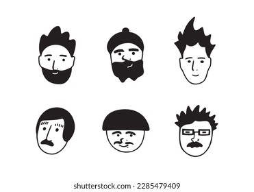 Hombres dibujados a mano se enfrentan al conjunto de doodles. Colección de iconos en blanco y negro.