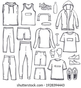 Hand drawn men's clothes for sports and fitness.  Sport style shirts, pants, jackets, tops, shorts. Vector sketch  illustration.