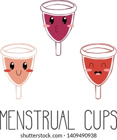 Hand drawn menstrual cups vector illustration. Menstrual cups lettering. Perfect for a greeting card. Red, purple and beige diva cups with cute faces. Zero waste poster. Handwritten phrase