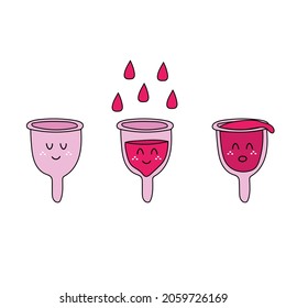 Ilustración vectorial de tazas menstruales dibujadas a mano. Iconos para instrucciones y tutoriales. Concepto de basura cero