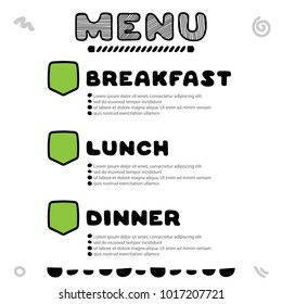 Hand drawn menu for cafe with breakfast, lunch, dinner inscriptions. Template design. Food flyer. Linear graphic.