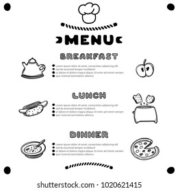 Hand drawn menu for cafe with breakfast, lunch, dinner inscriptions. Template design. Food flyer. Linear graphic.