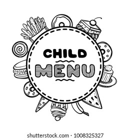 Hand drawn menu for cafe with food. Sketch concept illustration. Linear graphic.