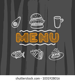 Hand drawn menu for cafe with food. Sketch concept illustration. Linear graphic. Food flyer.