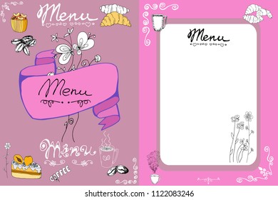 Hand drawn menu elements: doodle coffee beans, cups, cakes,croissant, muffins, lolly pops. Sketch food elements for decoration the menu