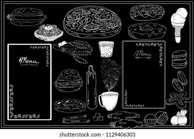 Hand drawn menu elements: pasta, pizza, egg on toast, burger, hot dog, macaroons, cake, donats, coffee cup, ice-cream, sketch for decoration the menu of cafe or restaurant, chalk effect doodle vector