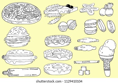 Hand drawn menu elements: pasta, pizza, egg on toast, burger, hot dog, macaroons, cake, donats, coffee cup, ice-cream, sketch for decoration the menu of cafe or restaurant, chalk effect doodle vector