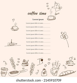 hand drawn menu of hot coffee or tea drinks with dessert or food. Vector flyer or banner in a cafe or restaurant with doodle style prices