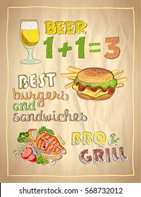 Hand drawn menu list on a paper with beer, burger and grilled salmon fish