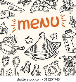 Hand drawn menu poster with elements of kitchen. Can be used for menu, background and other design. Illustration on the chalkboard.