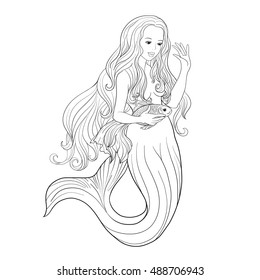 Hand drawn mermaid with gold fish in underwater world. Linen color vector illustration. Anti stress coloring book for adult and. Outline drawing coloring page.