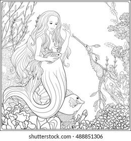 Hand drawn mermaid with gold fish in underwater world. Linen color vector illustration. Anti stress coloring book for adult and. Outline drawing coloring page.