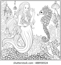 Hand drawn mermaid with gold fish in underwater world. Linen color vector illustration. Anti stress coloring book for adult and. Outline drawing coloring page.