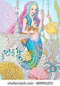 Hand drawn mermaid with gold fish in underwater world. Linen color vector illustration. 
