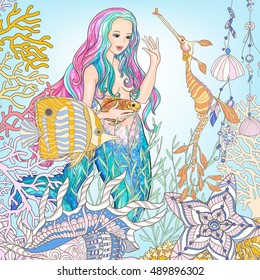 Hand drawn mermaid with gold fish in underwater world. Linen color vector illustration. 