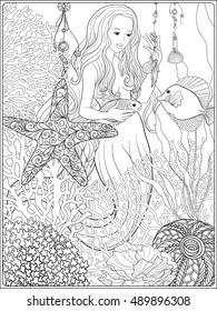 Hand drawn mermaid with gold fish in underwater world. Linen color vector illustration. Anti stress coloring book for adult and. Outline drawing coloring page.