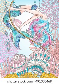 Hand drawn mermaid with gold fish in underwater world. Linen color vector illustration. 