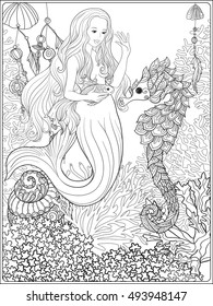 Hand drawn mermaid with gold fish in underwater world. Linen color vector illustration. Anti stress coloring book for adult and. Outline drawing coloring page.