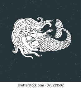 Hand drawn mermaid with grunge texture. Print for T-shirt and bags, home decor and other product. Element for design.