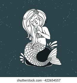 Hand drawn mermaid with grunge texture. Print for T-shirt and bags, home decor and other product. Element for design.