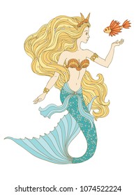 Hand drawn mermaid holding a flower, isolated on white background, linen vector illustration.