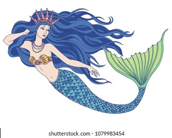 Hand drawn mermaid holding a flower, isolated on white background, linen vector illustration.