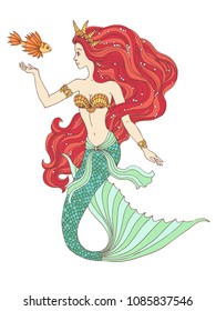 Hand drawn mermaid holding a flower, isolated on white background, linen vector illustration.