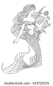 Hand drawn mermaid holding a flower, on white background, linen vector illustration for coloring book.