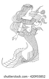 Hand drawn mermaid holding a flower, on white background, linen vector illustration for coloring book.