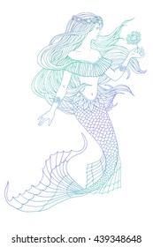 Hand drawn mermaid holding a flower, on white background, linen vector illustration.