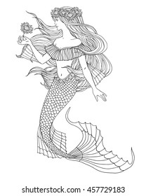 Hand drawn mermaid holding a flower, on white background, linen vector illustration for coloring book.