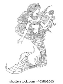 Hand drawn mermaid holding a flower, on white background, linen vector illustration for coloring book.