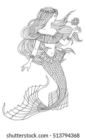 Hand drawn mermaid holding a flower, on white background, linen vector illustration for coloring book.