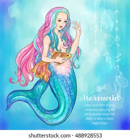 Hand drawn mermaid holding a gold fish, on watercolor background, linen color vector illustration.
