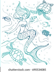Hand drawn mermaid isolated on white background. Vector illustration. Siren, turtle and tropical fish. Sea theme.