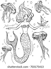 Hand drawn mermaid and jellyfish isolated on white background. Back and white vector sea theme illustration. Template for greeting card, postcard, print, coloring book, poster for textiles.