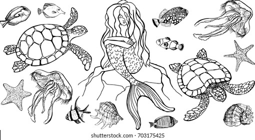 Hand drawn mermaid and jellyfish, sea turtle, fish isolated on white background. Back and white vector marine set illustration. Template for card, print, coloring book, banners, poster for textiles.